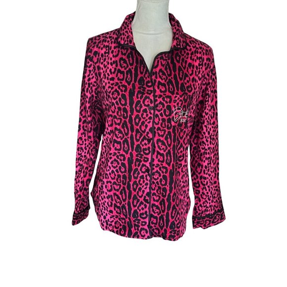 Betsey Johnson Intimates Pink Leopard Print Pajama Top M Flannel Button Up